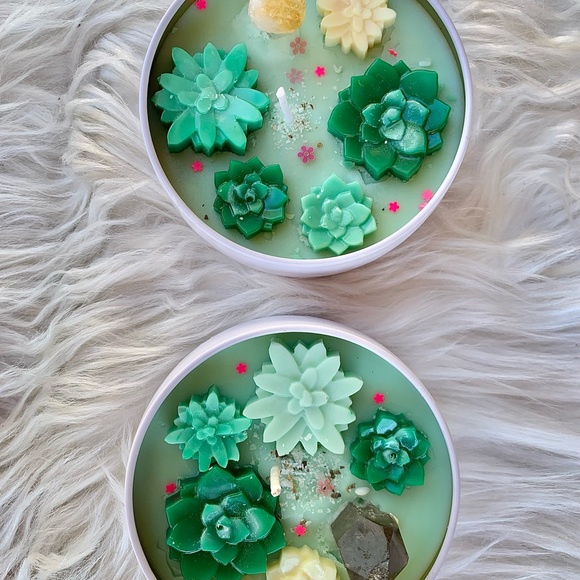 Succulent Garden Terrarium Candle with Smokey Quartz Crystal - Picture 4 of 8